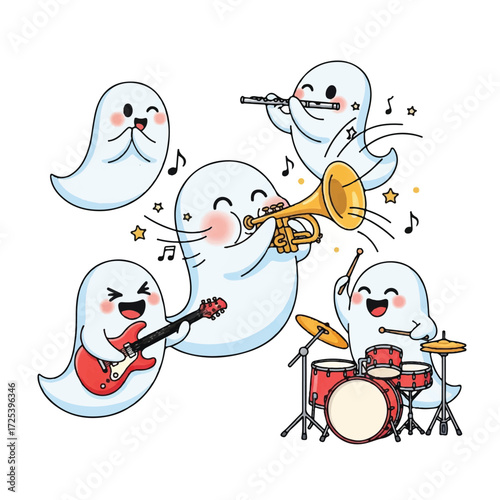 A group of cute, smiling ghosts playing musical instruments together, creating a lively band.