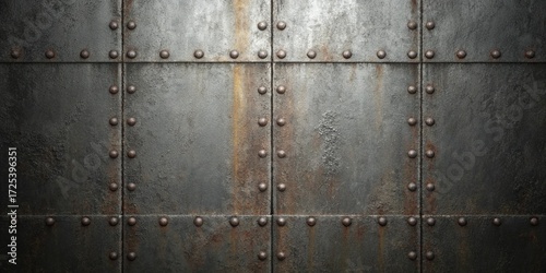 Dark and grungy metal plate background with rivets, creating a textured and industrial surface with a sense of age and resilience, perfect for adding depth