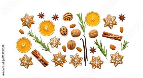 Fototapeta Naklejka Na Ścianę i Meble -  Isolated Christmas spice holiday food arrangement with gingerbread stars, nuts and orange