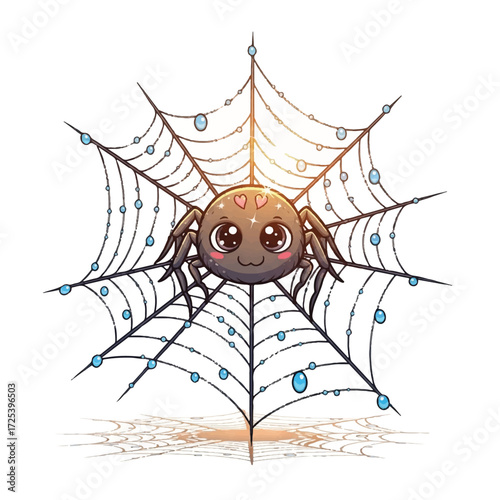 Cute cartoon spider with big eyes sitting on a spider web with water droplets.