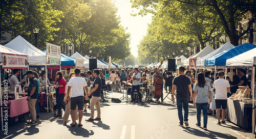 Outdoor Street Fair with Vendors and Musicians