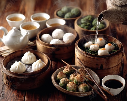 Delicious dim sum with tea, perfect for a cozy and authentic culinary experience, showcasing a variety of steaming dumplings and delightful flavors