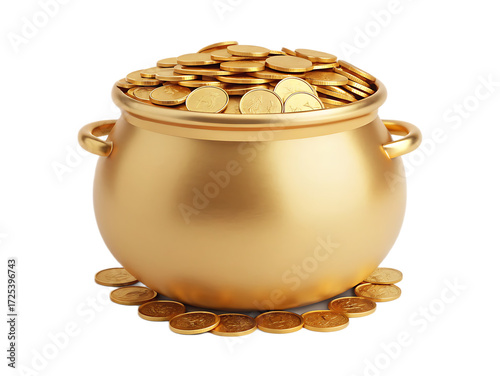 A golden pot overflowing with gold coins and some coins scattered around the base of the pot