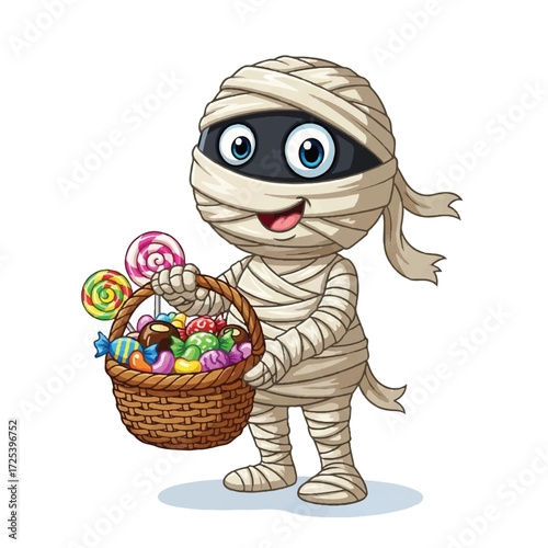 Cartoon illustration of a smiling mummy holding a basket filled with colorful candies and lollipops.