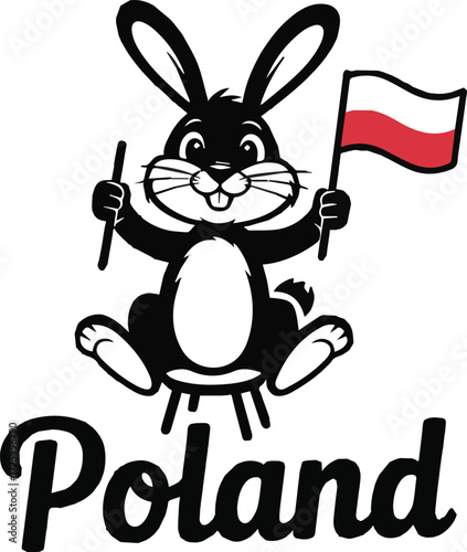 Black cartoon rabbit character sitting on a stool holding a Polish flag and a stick Poland