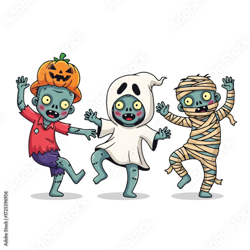 A playful trio of cartoon zombies in Halloween costumes of a pumpkin head, a ghost, and a mummy dancing together.
