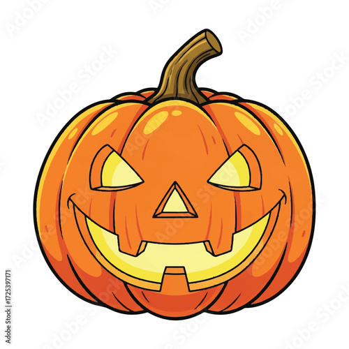 A grinning jack-o'-lantern pumpkin with glowing eyes and mouth.