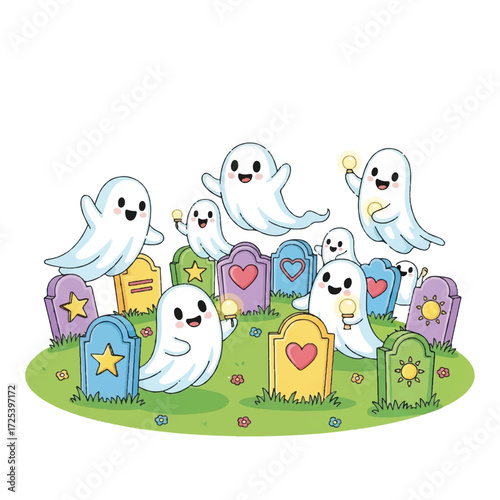 A cheerful group of cute cartoon ghosts floating happily in a colorful graveyard with decorated tombstones.