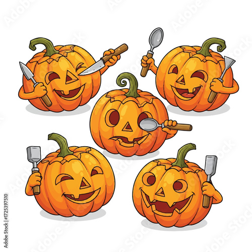 Five cartoon pumpkins holding kitchen utensils.