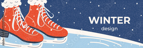 Banner with bright red ice skates on a textured background with falling snow. Design for holiday event invitations, winter sports. Flat vector illustration. Copy space