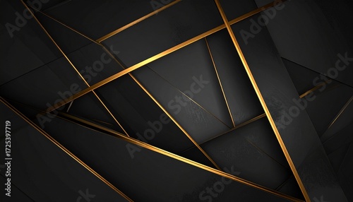 Elegant dark geometric background with sparkling golden lines and abstract polygonal shapes, creating a luxurious and modern design for banners, presentations, or digital art projects