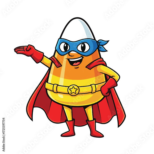 Cartoon candy corn superhero with cape, mask, and belt, pointing to the side.