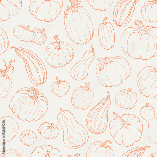 Seamless Pumpkin Pattern Line Art – Hand Drawn Autumn Vegetables, Fall Harvest, Halloween and Thanksgiving Outline Design – Seasonal Fabric, Wrapping, Packaging