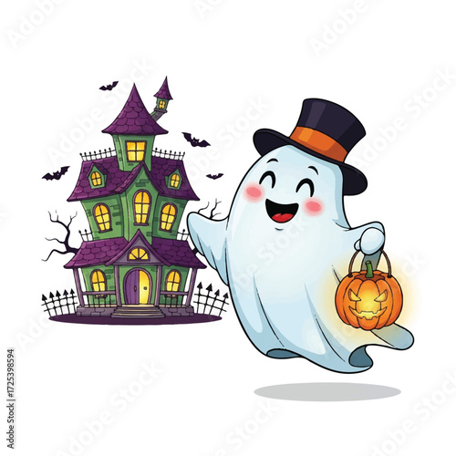 A cute cartoon ghost in a top hat holding a pumpkin lantern, with a spooky haunted house in the background.