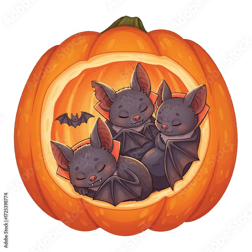 Three cute bats sleeping inside a carved pumpkin, Halloween themed illustration.