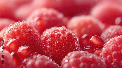 Close Up of Vibrant Red Pomegranate Seeds and Raspberries with Water Droplets in Cinematic HDR Lighting Fresh Fruit Macro Still Life