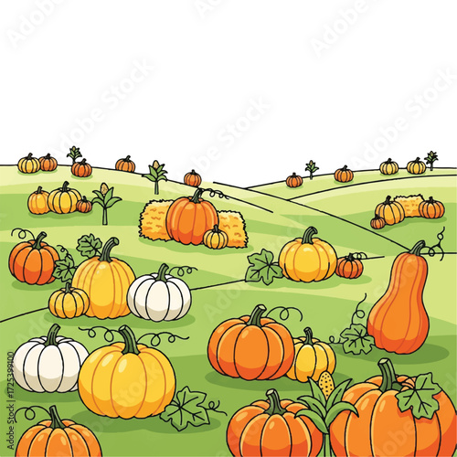 A vibrant autumnal landscape, showcasing a pumpkin patch with various pumpkins of different colors and sizes, nestled in a grassy field, with hay bales and plants.