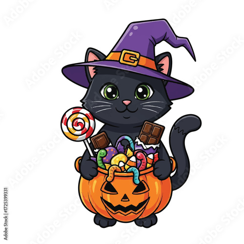 Cute black cat in a witch hat holding a pumpkin bucket filled with various Halloween candies and sweets, cartoon illustration.