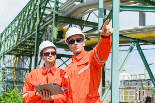 Industrial engineers in safety gear checking refinery pipelines.