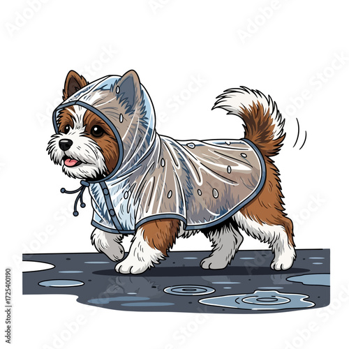 Small dog wearing a transparent raincoat on a wet street.