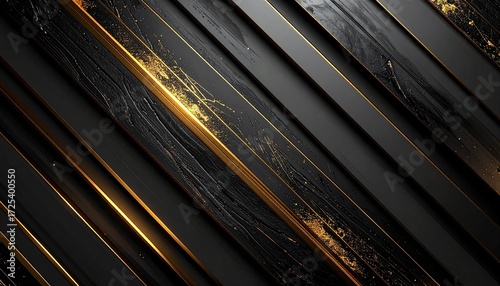 Luxurious dark textured surface with parallel diagonal lines and glowing gold veins for an elegant and sophisticated abstract background