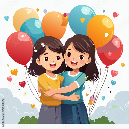 Best Friends Girls Embracing Surrounded by Balloons