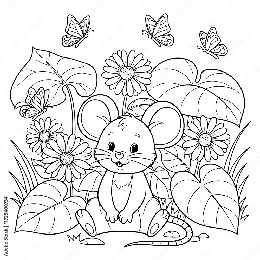 Fototapeta premium Cute mouse coloring page. Adorable cartoon animal illustration. Happy mouse sitting among flowers and large leaves with flying butterflies. Perfect activity sheet for children.