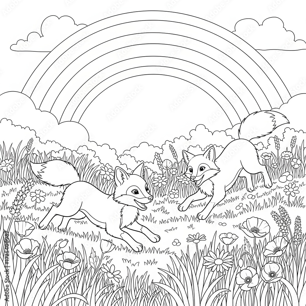 Fototapeta premium Happy foxes playing coloring page. Adorable cartoon animal illustration. Two foxes running through a field of flowers with a rainbow in the sky. Fun activity sheet for kids.