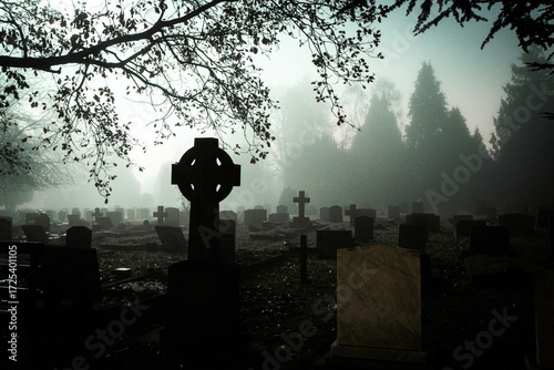 Φωτογραφία Spooky gravestones and crosses silhouetted in a cemetary on a creppy foggy winte