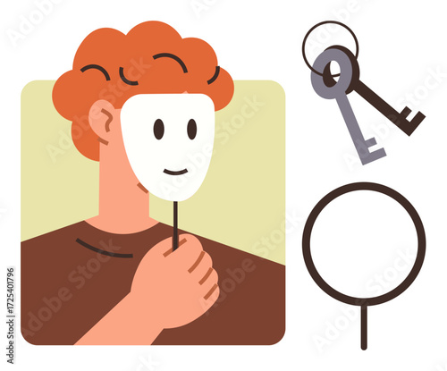 Person unveiling mask in hand, keys and magnifying glass nearby symbolizing truth, identity, mystery, and unlocking solutions. Ideal for privacy, deception, self-discovery, guidance problem-solving