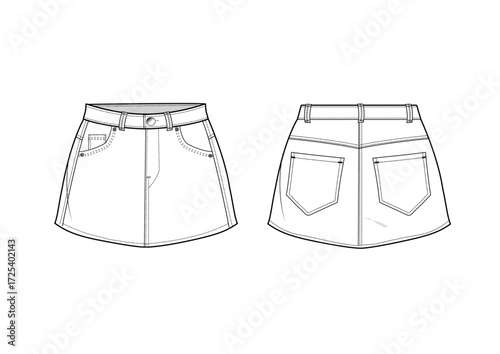 Woman Denim Mini Skirt With Short Fashion Sketch Template Front & Back Technical Draw  Fashion Illustration