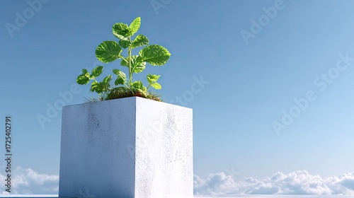 A small plant in a cube-shaped planter against a clear sky.