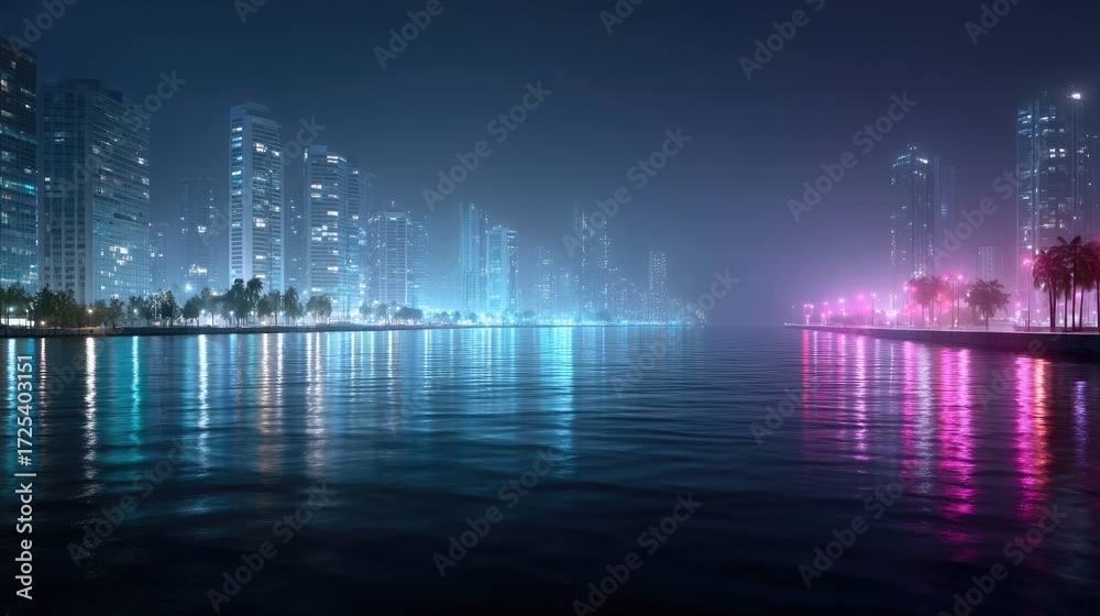 Fototapeta premium Nighttime Cityscape Reflection on Calm Water with Blue and Purple Illumination Tall Buildings and City Lights along Shoreline