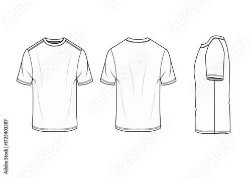 Men Active Jersey T-Shirt With Crew Neck, Fitted Slim Body Short Sleeves, Fashion Sketch Template Front & Back & Side Technical Draw  Fashion Illustration