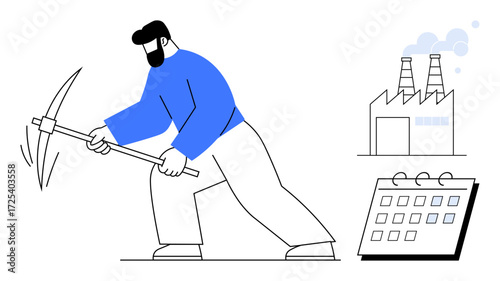 Worker using pickaxe, emitting action lines, near factory with smoke and calendar, symbolizing labor, industry, productivity. Ideal for work, effort, deadlines mining time management manual labor