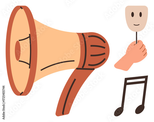 Megaphone amplifies sound, hand holds smiling mask symbolizing identity or theatrics, musical note conveys artistry. Ideal for communication, performance, creativity, entertainment, advocacy