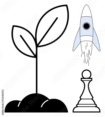 Plant sprouting on soil, a rocket taking off, and a chess pawn. Ideal for growth, innovation, strategy, development, success startups leadership. A simple flat metaphor