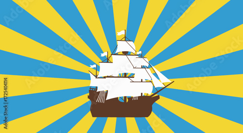 Illustration of a brown sailing ship with white sails against a radiating blue and yellow background.