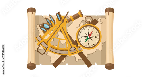 Illustration of a sextant and compass resting on a rolled parchment map, suggesting exploration, navigation, and cartography.