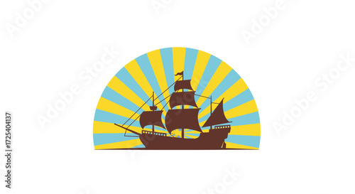 A graphic illustration of a vintage sailing ship silhouette against a radiating semi-circle of yellow and blue sun rays.