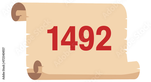 A rolled parchment scroll prominently displays the year "1492" in large, bold red numerals, suggesting historical significance or a specific event.