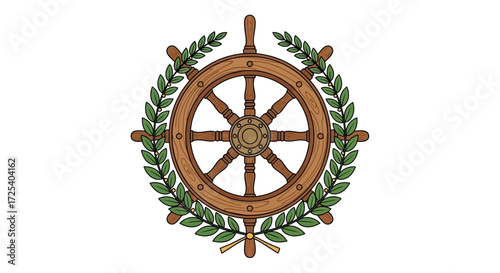 A classic wooden ship's wheel, or helm, encircled by a vibrant green laurel wreath, symbolizing navigation and achievement.