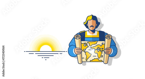 A stylized explorer holding an ancient world map with a bright sunrise over the ocean in a minimalist illustration.