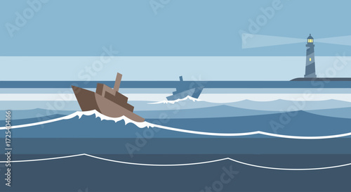 A stylized illustration of a shipwrecked boat in rough seas, with a distant lighthouse emitting a beam of light.