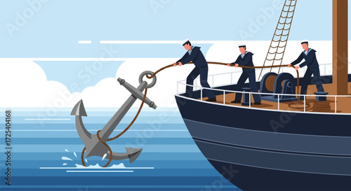 Three sailors pull a rope to lift an anchor from the ocean, on a ship.