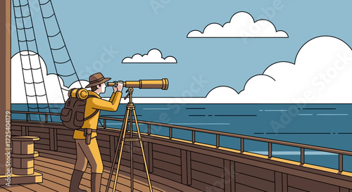 A man with a telescope observes the vast ocean from a wooden ship's deck.