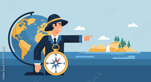 Businessman points to a distant island, guided by a globe and compass, symbolizing global exploration and travel.