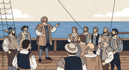 A distinguished explorer addresses a group of sailors on the deck of a wooden ship, gesturing towards the vast ocean under a cloudy sky.