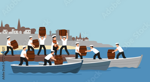 Coastal workers transporting barrels by boat and on a dock.