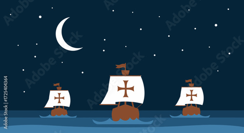 Three caravels sail under a crescent moon and starry night sky.